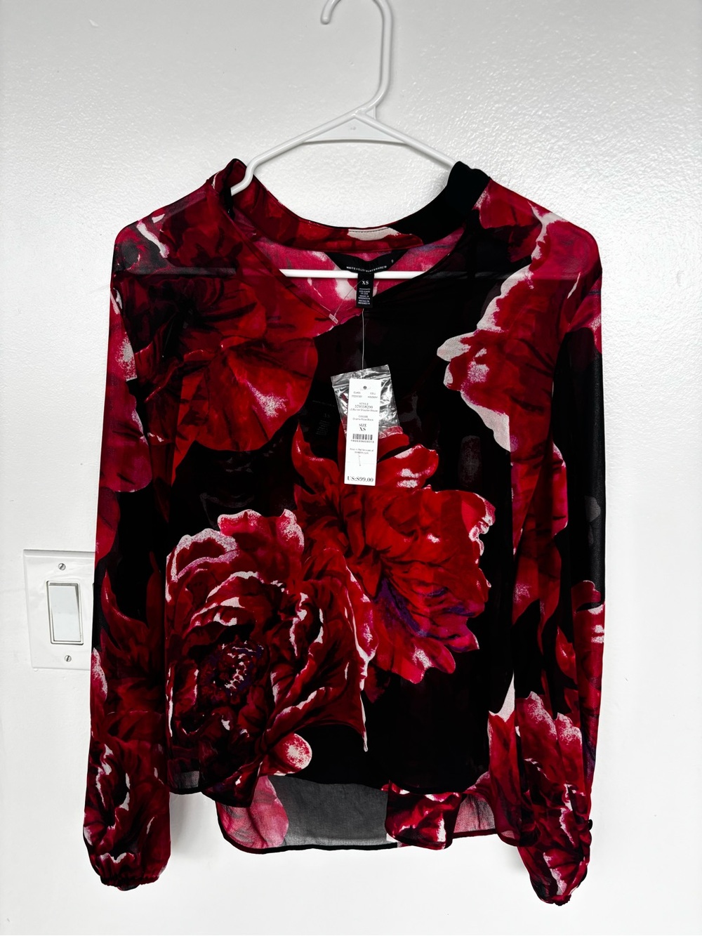 White House Black Market Red and Black Floral Chiffon Blouse